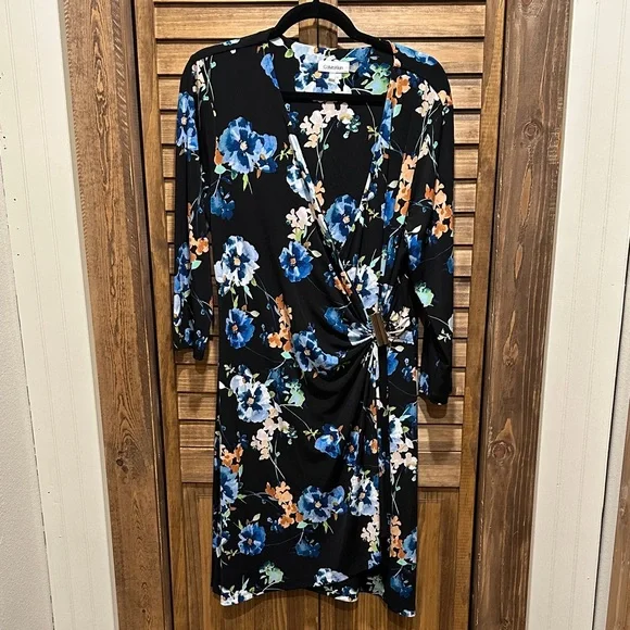 Calvin Klein | Dresses | Calvin Klein Black Dress With Blue And Orange  Floral | Poshmark